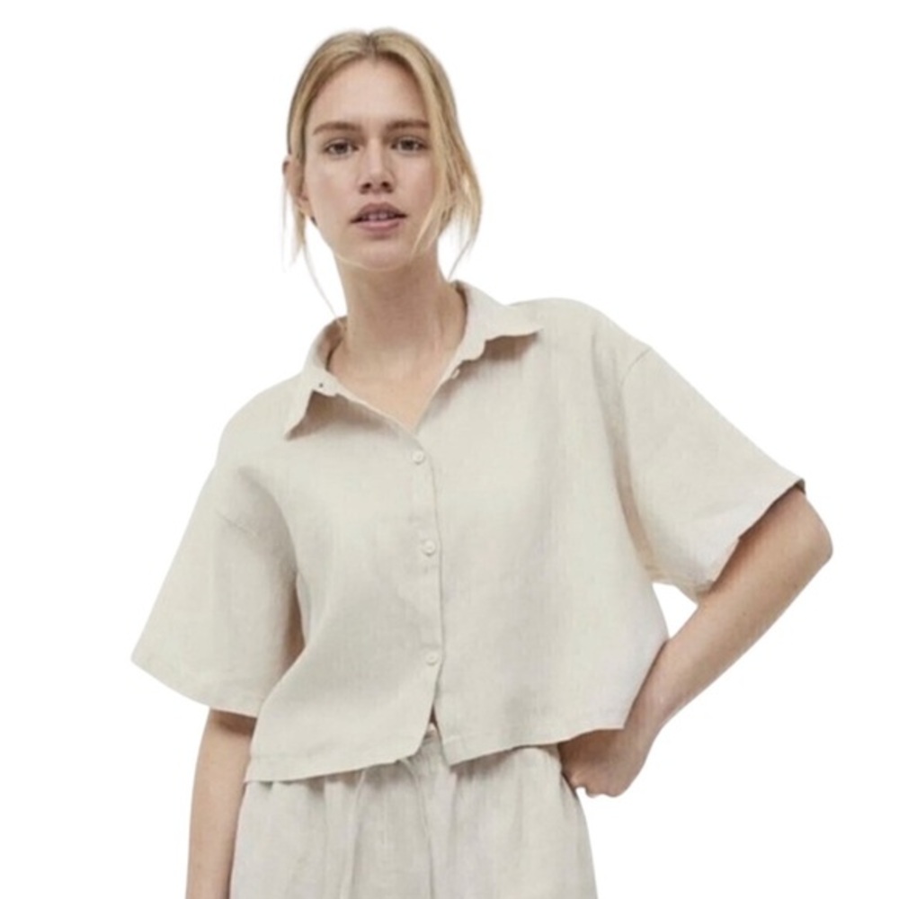 H&M Beige Linen Cropped‎ Button Down Blouse Shirt